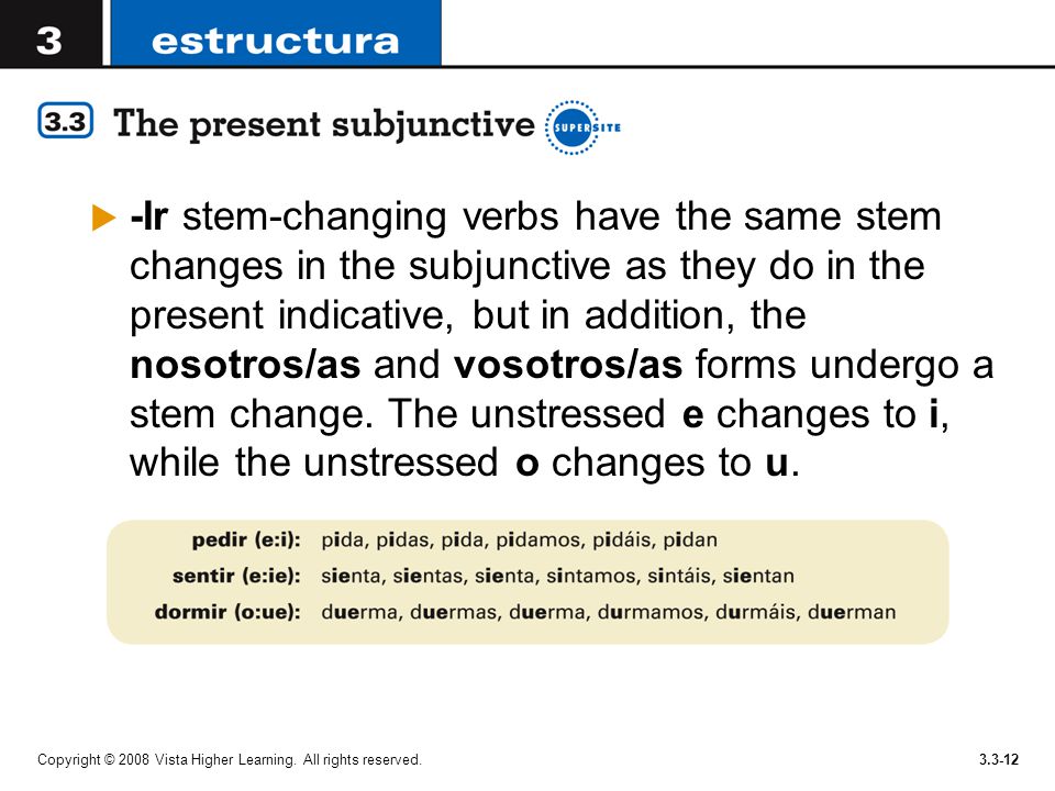 -Ir stem-changing verbs have the same stem changes in the subjunctive as they do in the present indicative, but in addition, the nosotros/as and vosotros/as forms undergo a stem change. The unstressed e changes to i, while the unstressed o changes to u.