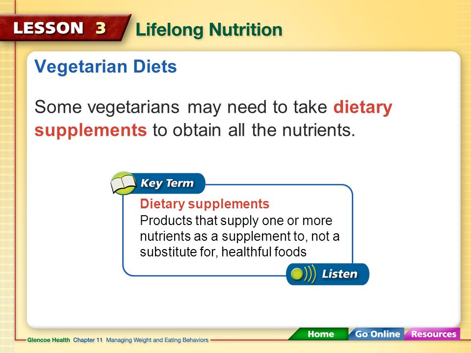Vegetarian Diets Some vegetarians may need to take dietary supplements to obtain all the nutrients.