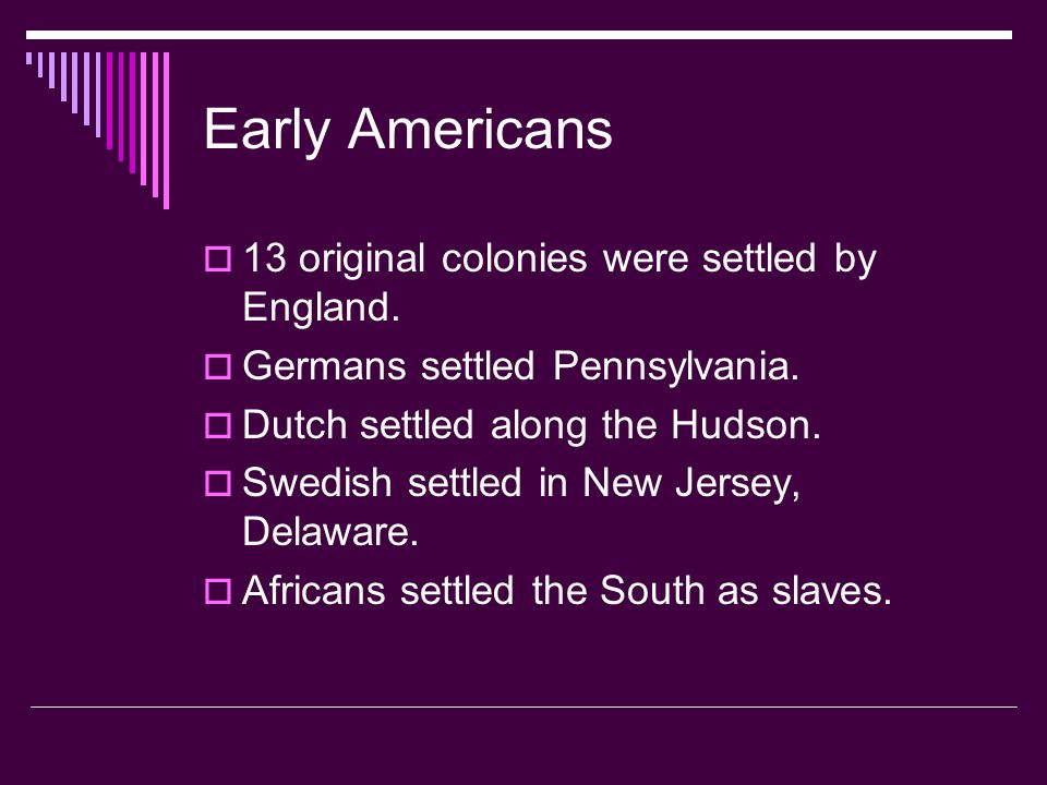 Early Americans 13 original colonies were settled by England.