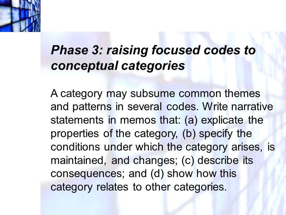 Phase 3: raising focused codes to conceptual categories