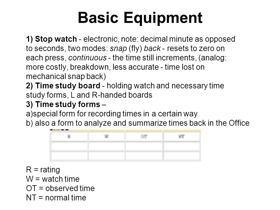 Basic Equipment 1) Stop watch - electronic, note: decimal minute as opposed. to seconds, two modes: snap (fly) back - resets to zero on.