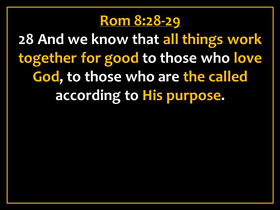 Rom 8: And we know that all things work together for good to those who love God, to those who are the called according to His purpose.