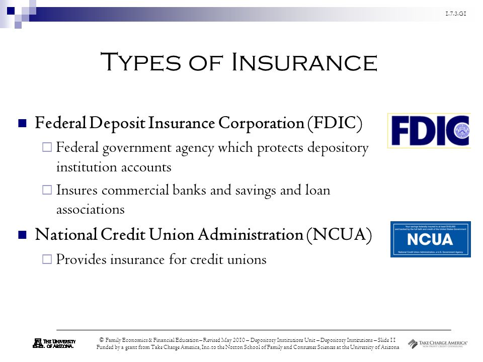 Types of Insurance Federal Deposit Insurance Corporation (FDIC)