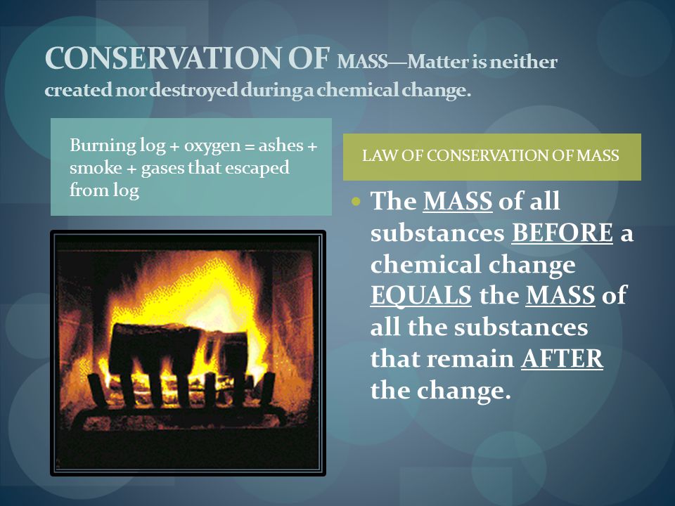 CONSERVATION OF MASS—Matter is neither created nor destroyed during a chemical change.