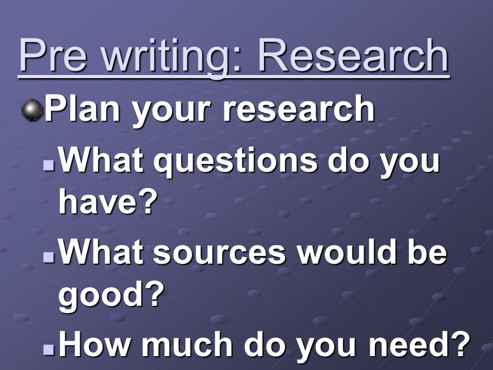 Pre writing: Research Plan your research What questions do you have