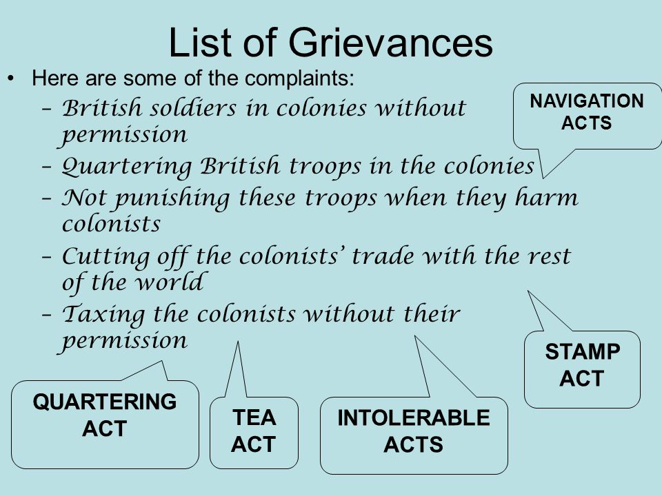 List of Grievances Here are some of the complaints: