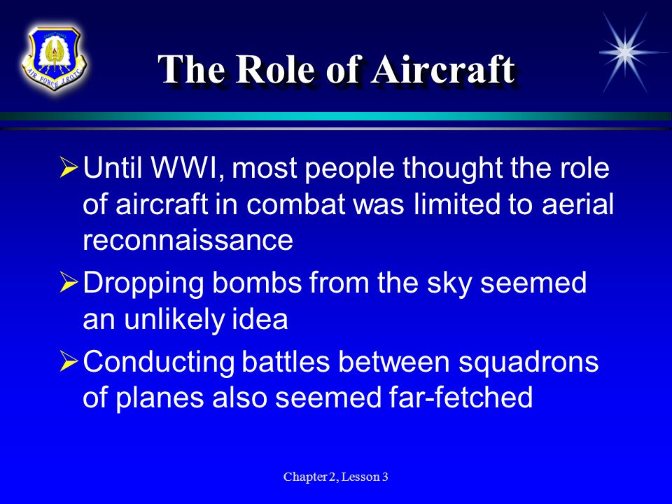 The Role of Aircraft Until WWI, most people thought the role of aircraft in combat was limited to aerial reconnaissance.