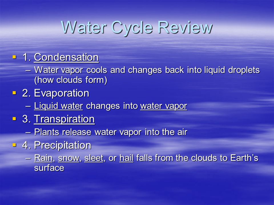 Water Cycle Review 1. Condensation 2. Evaporation 3. Transpiration
