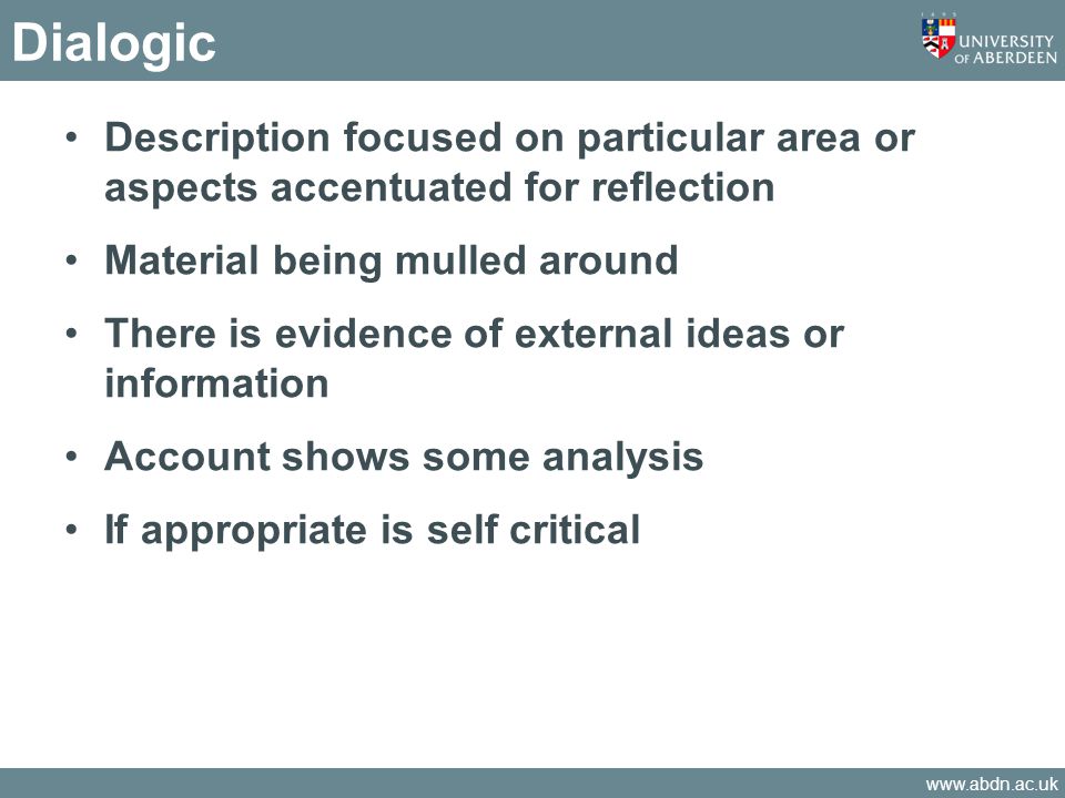 Dialogic Description focused on particular area or aspects accentuated for reflection. Material being mulled around.