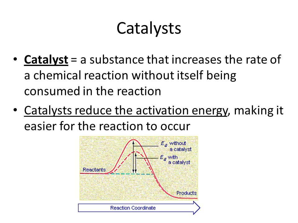 Catalysts Catalyst = a substance that increases the rate of a chemical reaction without itself being consumed in the reaction.
