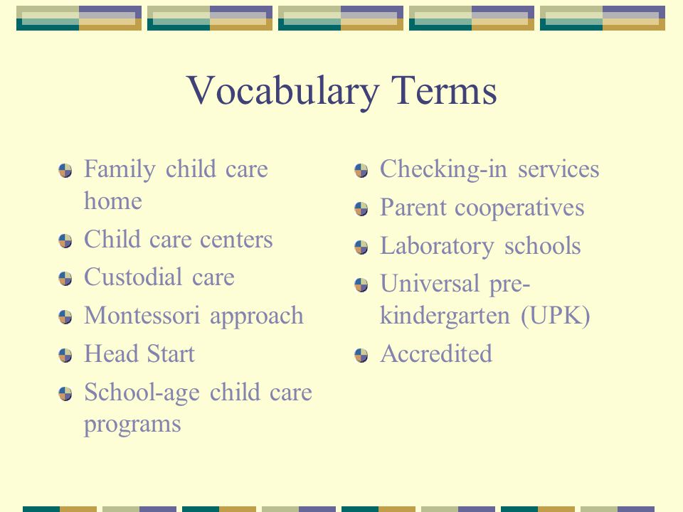 Vocabulary Terms Family child care home Child care centers