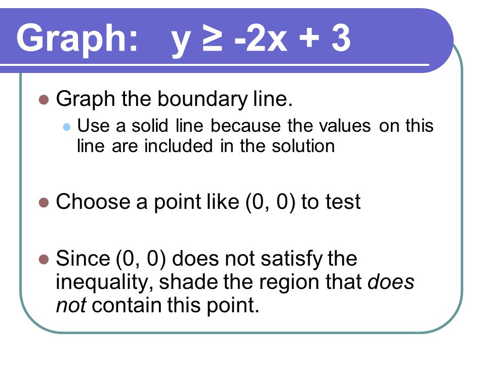 Graph: y ≥ -2x + 3 Graph the boundary line.