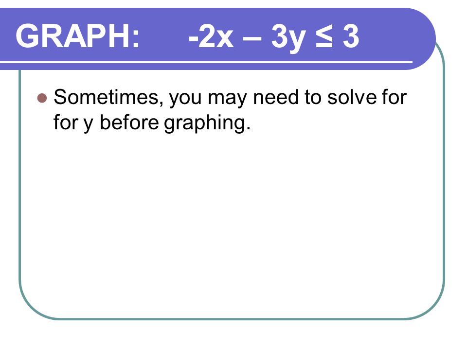 GRAPH: -2x – 3y ≤ 3 Sometimes, you may need to solve for for y before graphing.