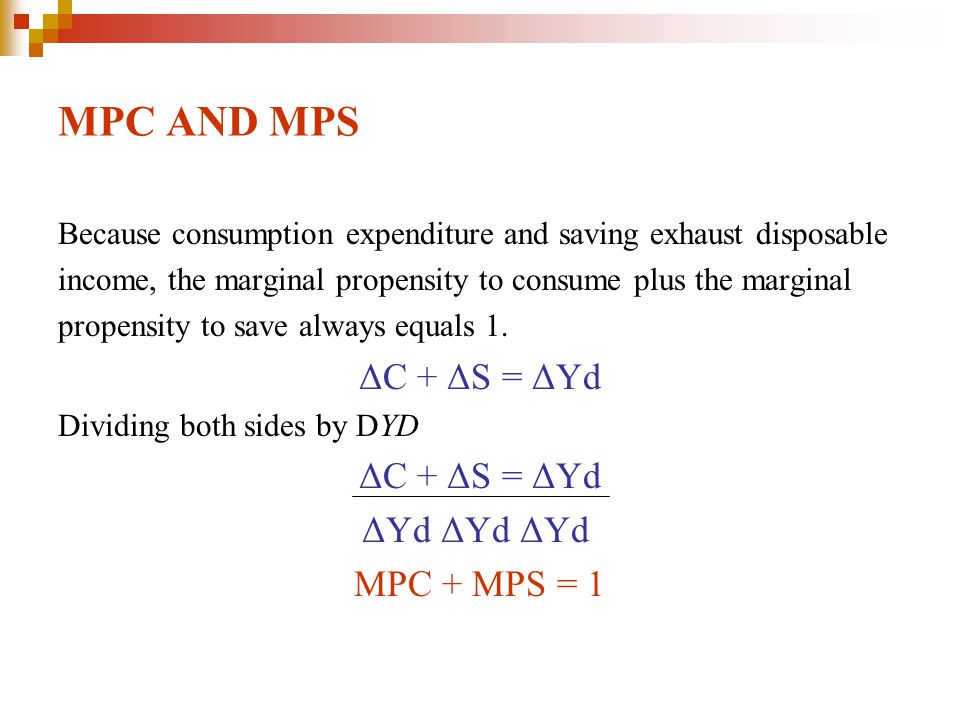 MPC AND MPS ΔC + ΔS = ΔYd MPC + MPS = 1