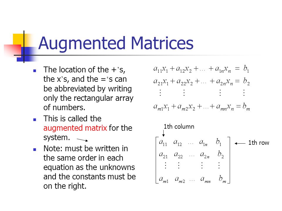 Augmented Matrices The location of the +’s, the x’s, and the =‘s can be abbreviated by writing only the rectangular array of numbers.