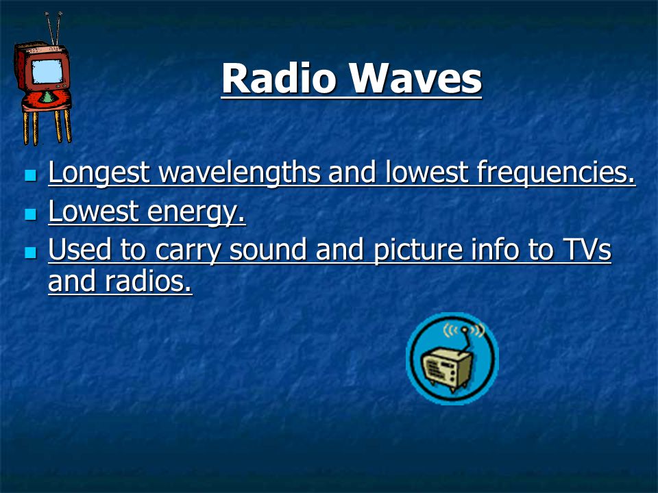 Radio Waves Longest wavelengths and lowest frequencies. Lowest energy.
