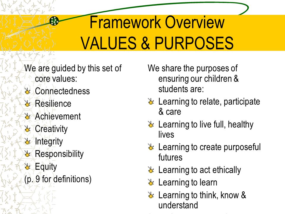 Framework Overview VALUES & PURPOSES