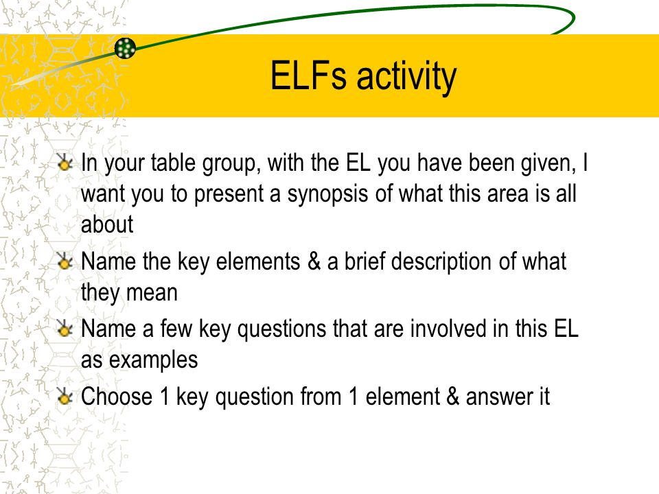 ELFs activity In your table group, with the EL you have been given, I want you to present a synopsis of what this area is all about.