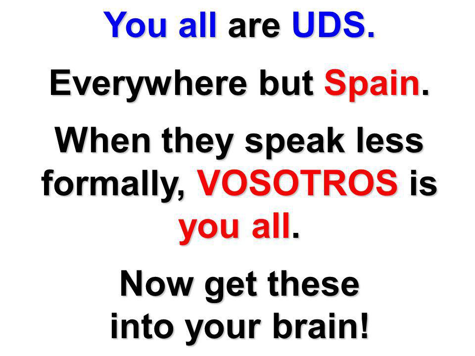When they speak less formally, VOSOTROS is you all.