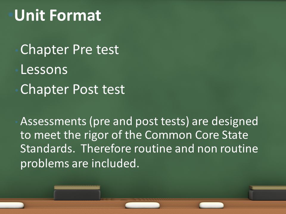 Unit Format Chapter Pre test Lessons Chapter Post test