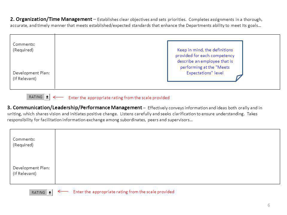 4/6/ Organization/Time Management – Establishes clear objectives and sets priorities. Completes assignments in a thorough,