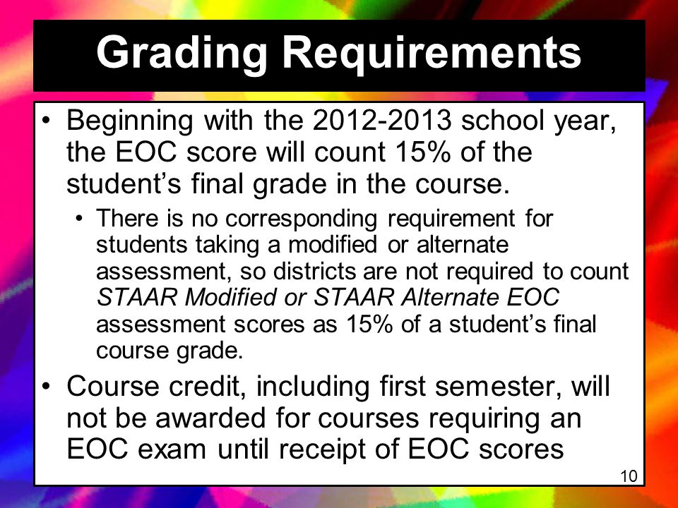 Grading Requirements Beginning with the school year, the EOC score will count 15% of the student’s final grade in the course.