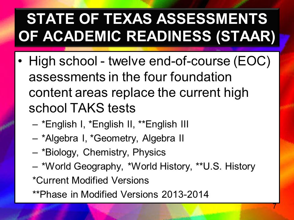 STATE OF TEXAS ASSESSMENTS OF ACADEMIC READINESS (STAAR)
