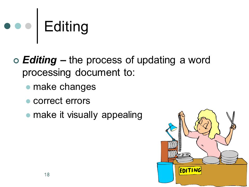 Editing Editing – the process of updating a word processing document to: make changes. correct errors.