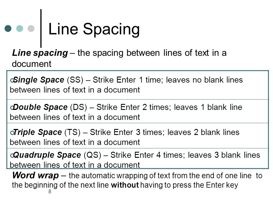 Line Spacing Line spacing – the spacing between lines of text in a document.