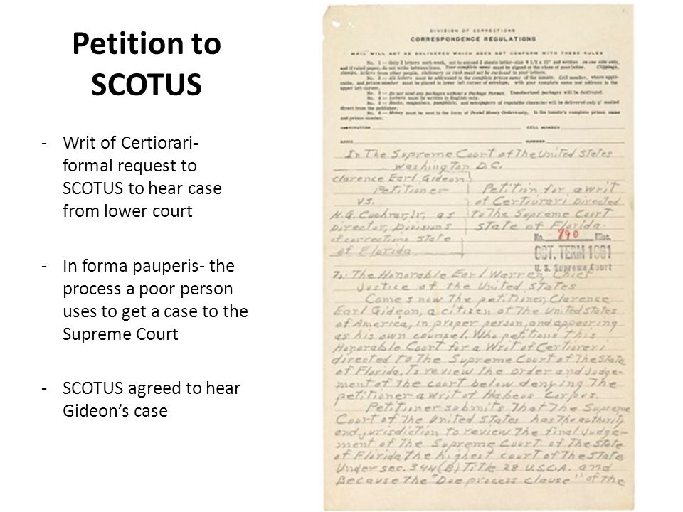 Petition to SCOTUS Writ of Certiorari- formal request to SCOTUS to hear case from lower court.