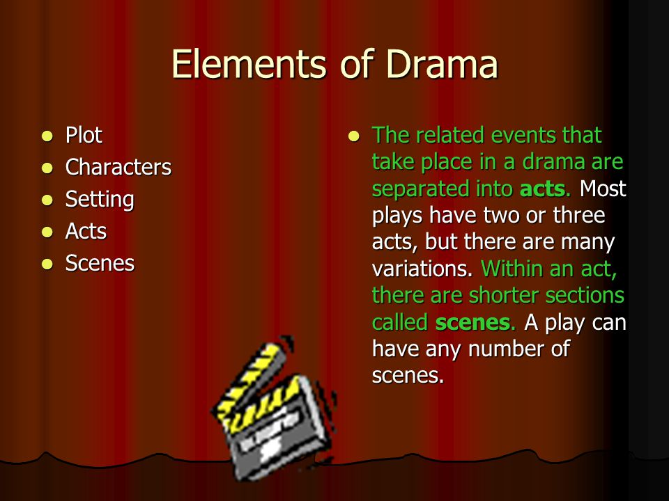 Elements of Drama Plot Characters Setting Acts Scenes