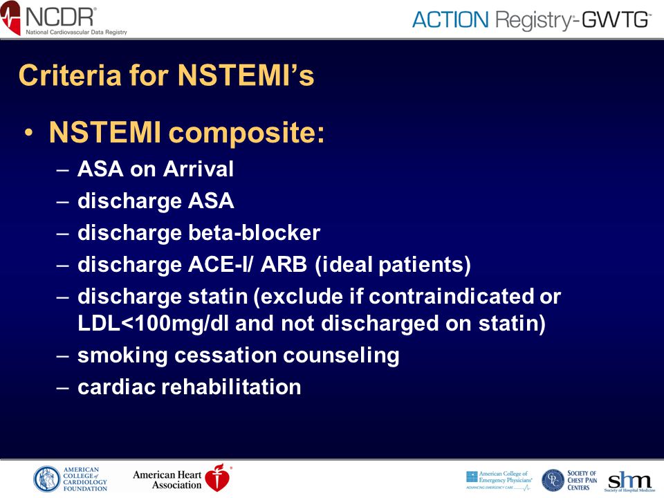 Criteria for NSTEMI’s NSTEMI composite: ASA on Arrival discharge ASA