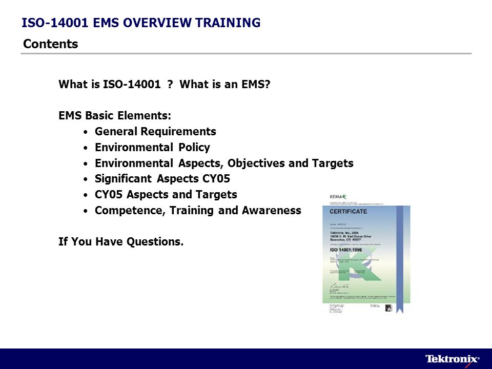 ISO EMS OVERVIEW TRAINING Contents