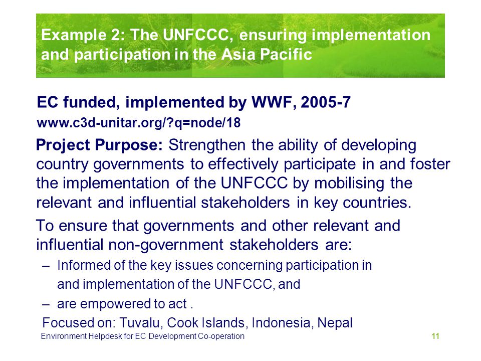 Example 2: The UNFCCC, ensuring implementation and participation in the Asia Pacific