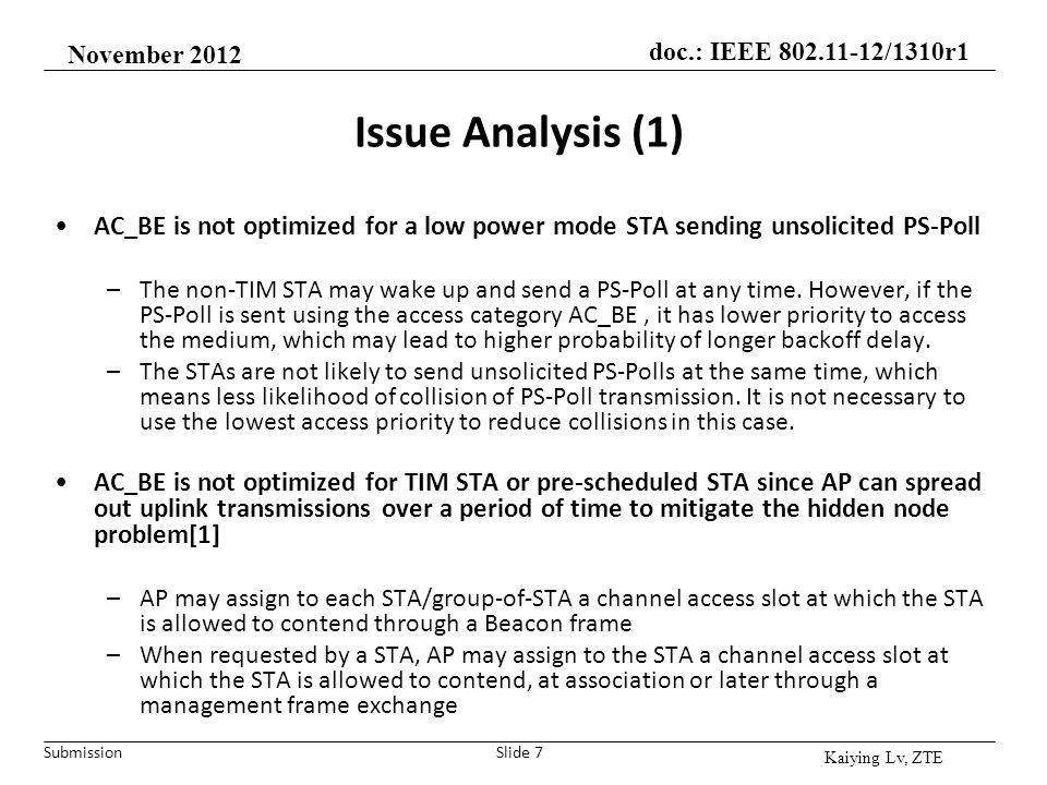 November 2012 Issue Analysis (1) AC_BE is not optimized for a low power mode STA sending unsolicited PS-Poll.