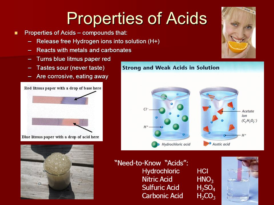 Properties of Acids Need-to-Know Acids : Hydrochloric HCl