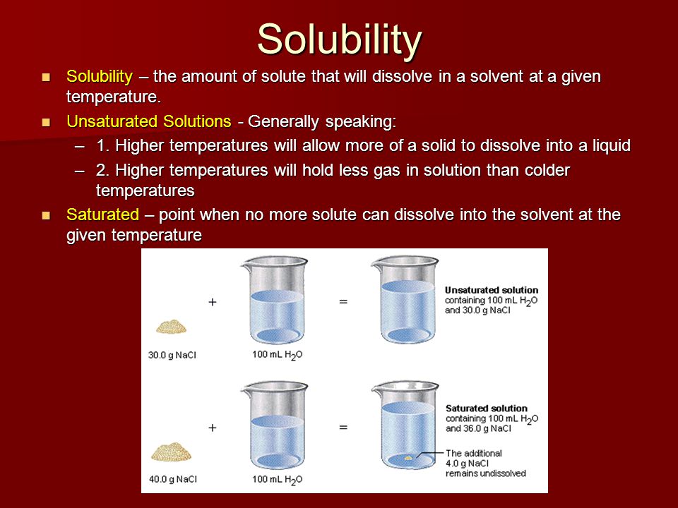 Solubility Solubility – the amount of solute that will dissolve in a solvent at a given temperature.