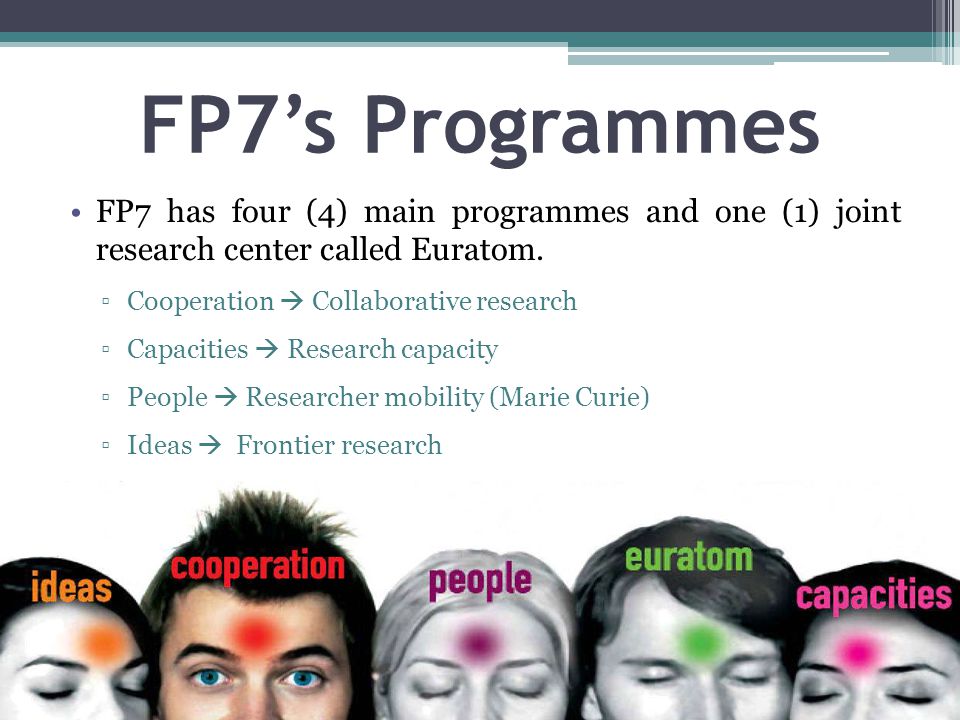 FP7’s Programmes FP7 has four (4) main programmes and one (1) joint research center called Euratom.