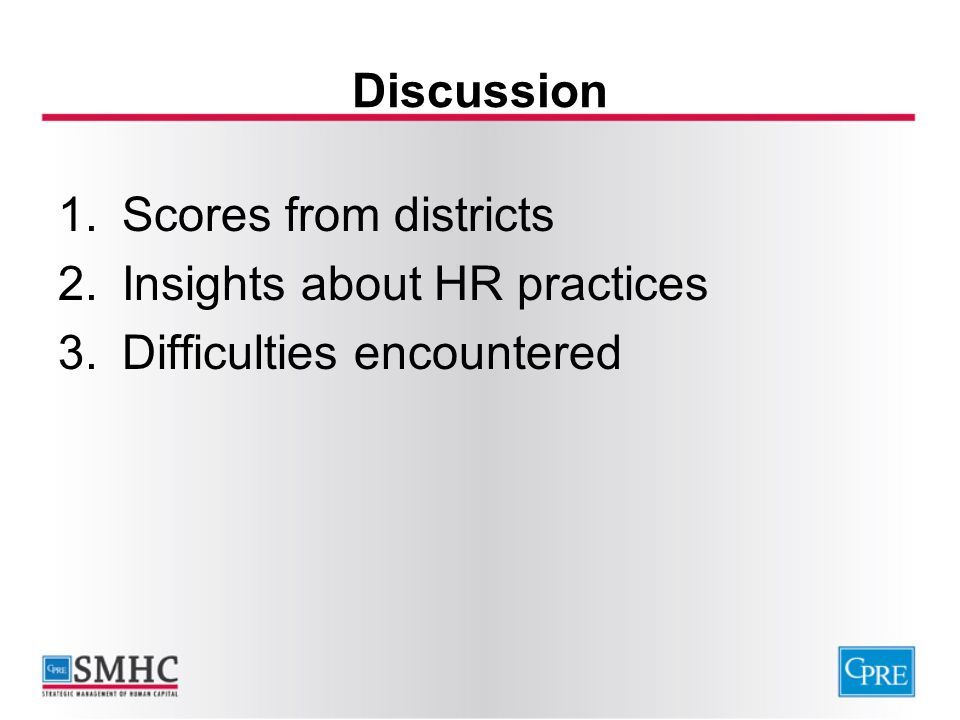 Discussion Scores from districts Insights about HR practices Difficulties encountered