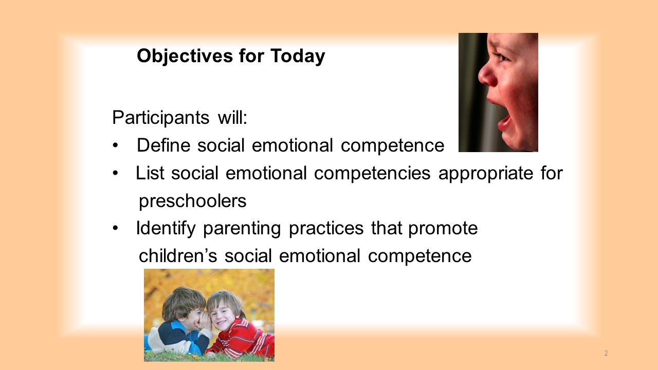 Objectives for Today Participants will: Define social emotional competence. List social emotional competencies appropriate for.