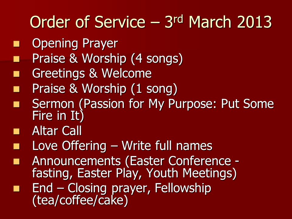 Order of Service – 3rd March 2013