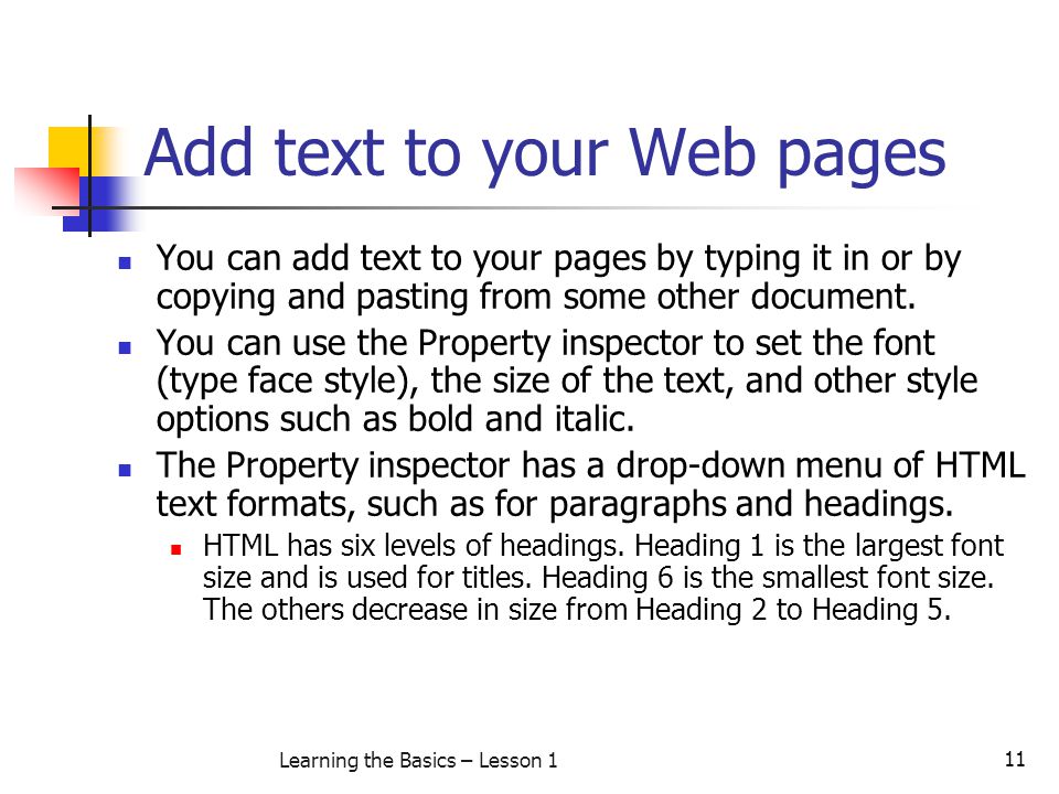 Add text to your Web pages
