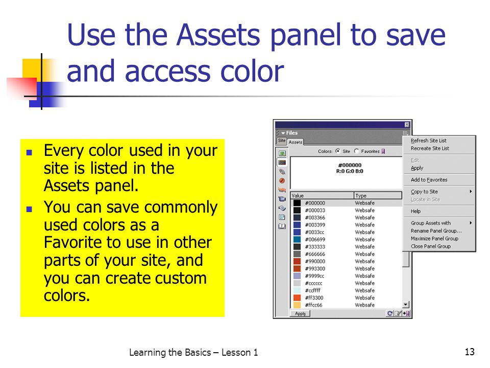 Use the Assets panel to save and access color