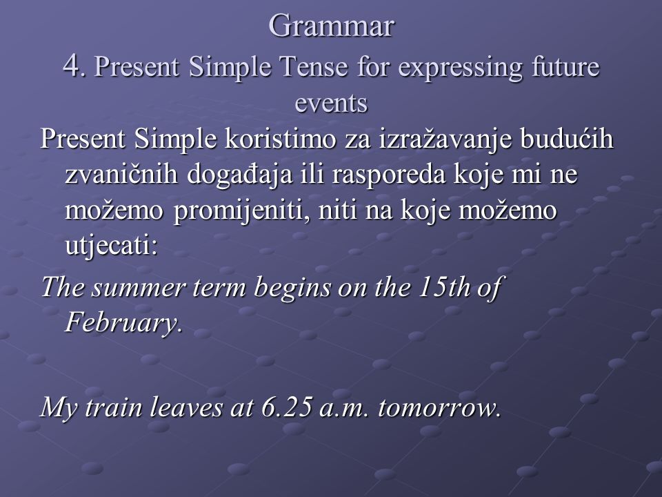 Grammar 4. Present Simple Tense for expressing future events