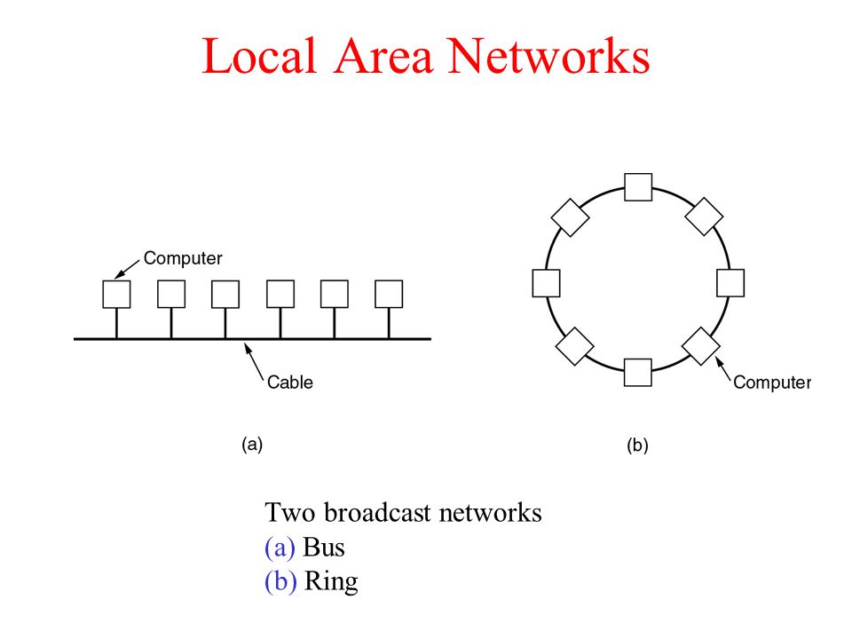 Local Area Networks Two broadcast networks (a) Bus (b) Ring