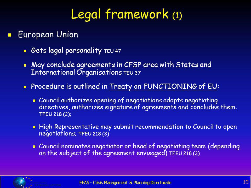 Legal framework (1) European Union Gets legal personality TEU 47