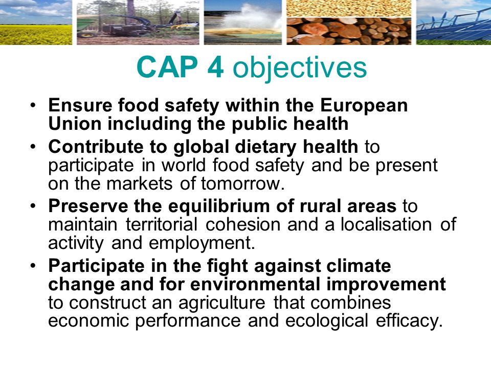 CAP 4 objectives Ensure food safety within the European Union including the public health.