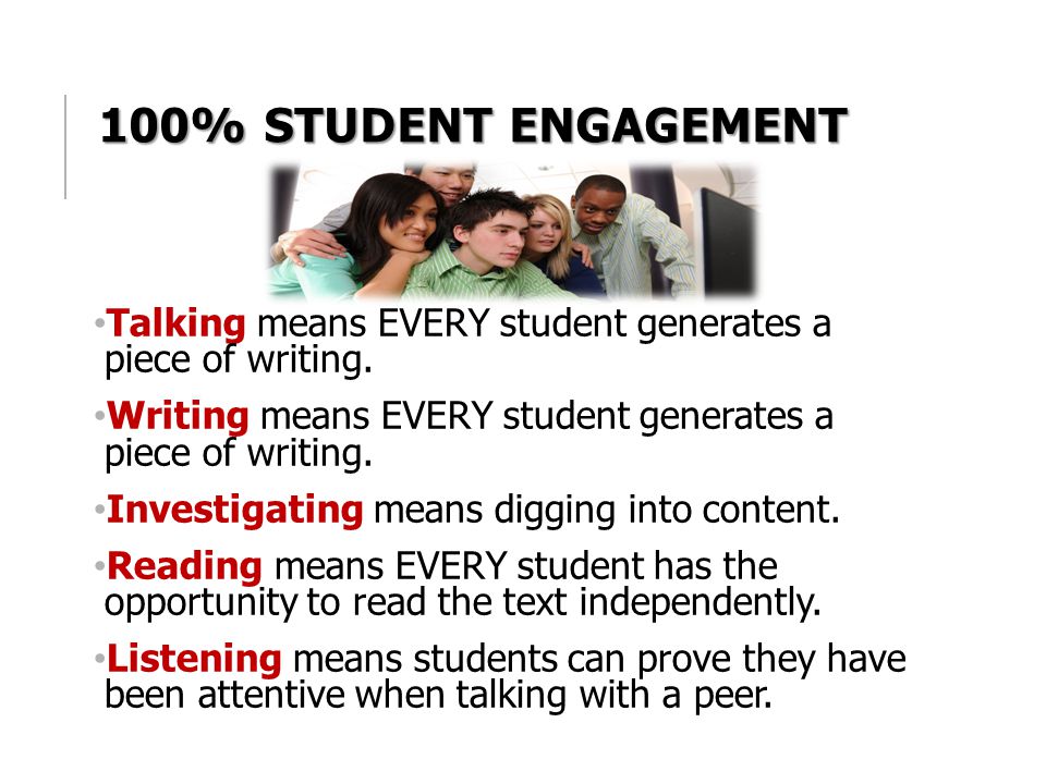 100% Student Engagement Talking means EVERY student generates a piece of writing. Writing means EVERY student generates a piece of writing.