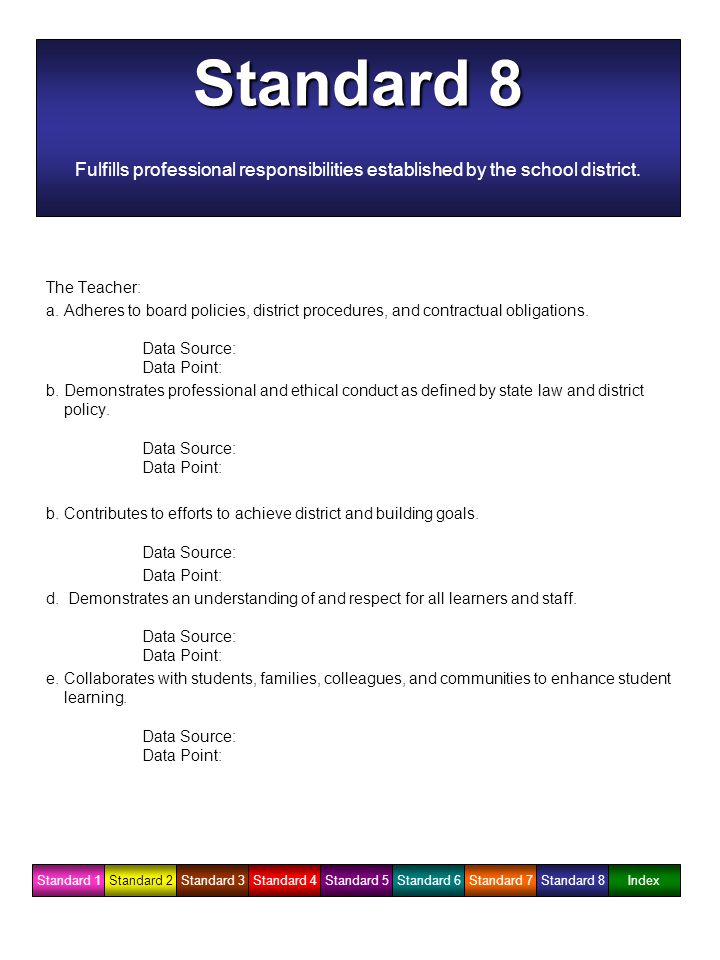 Standard 8 Fulfills professional responsibilities established by the school district.