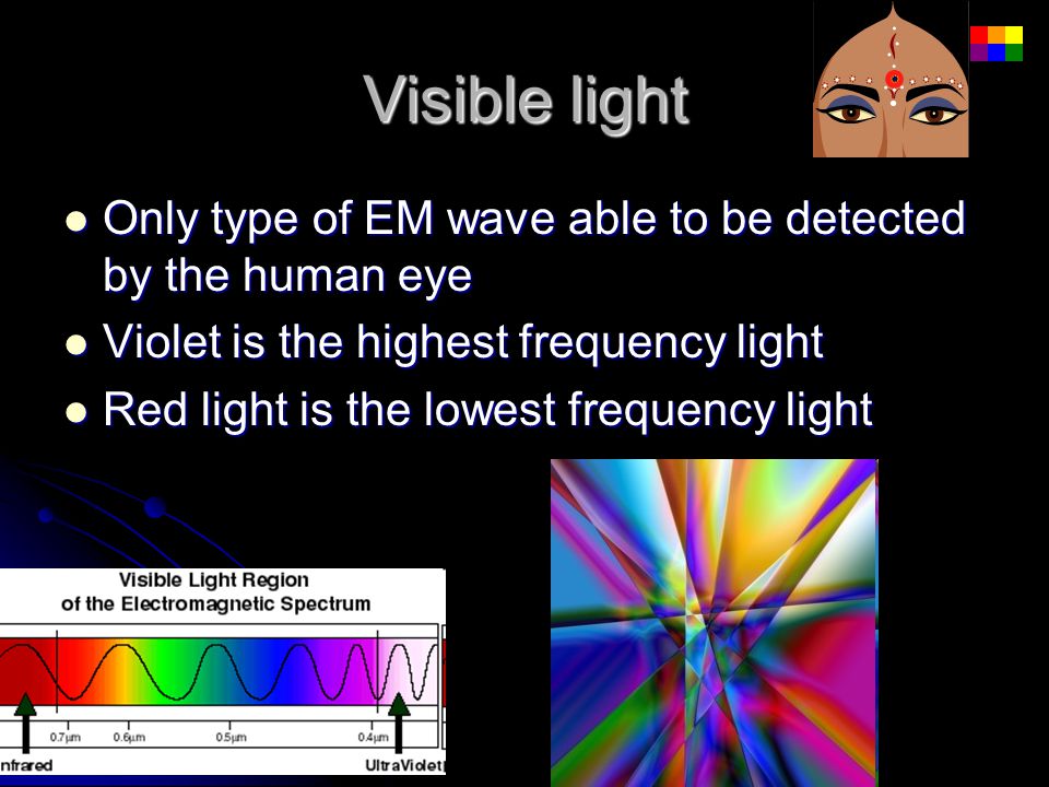 Visible light Only type of EM wave able to be detected by the human eye. Violet is the highest frequency light.